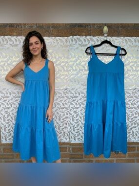 NWT MAGARI Italy Cobalt Blue Tiered Maxi Dress L Cotton Poplin Euro Summer